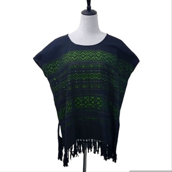 Mexican Artisan Blouse Black With Lime Green Details Telar Top Handmade Onesize - Picture 1 of 6